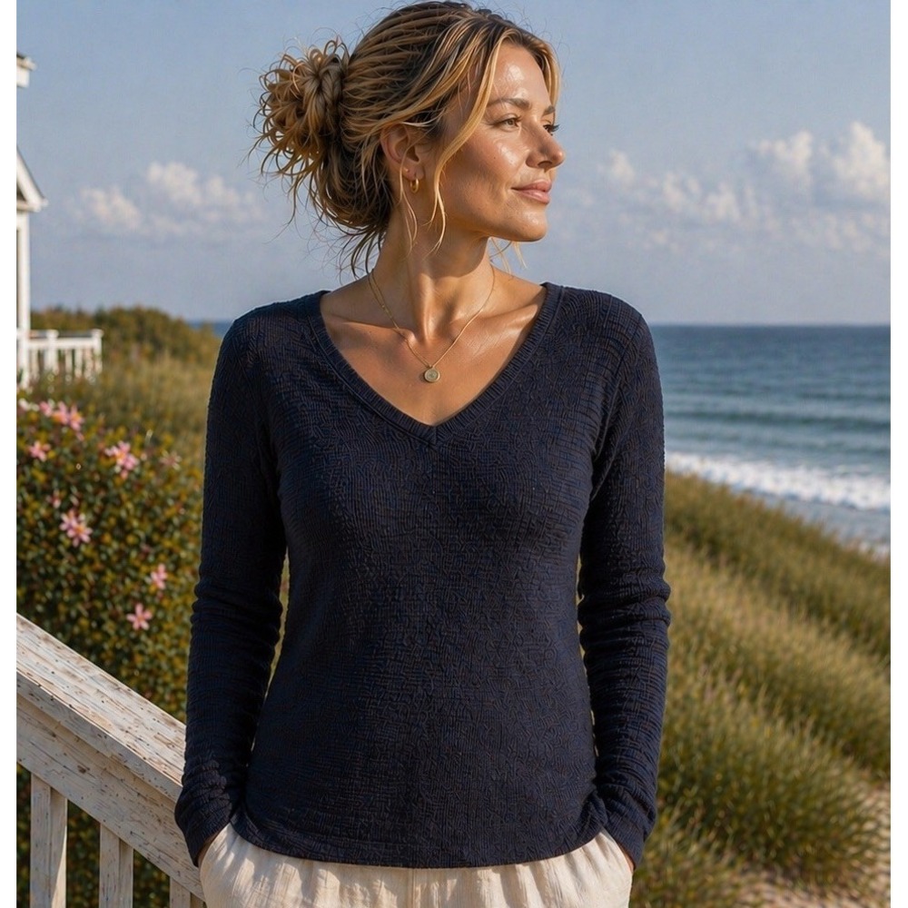 UNIQLO Sweater Womens M Blue Cotton Blend V Neck Long Sleeve Nautical Coastal